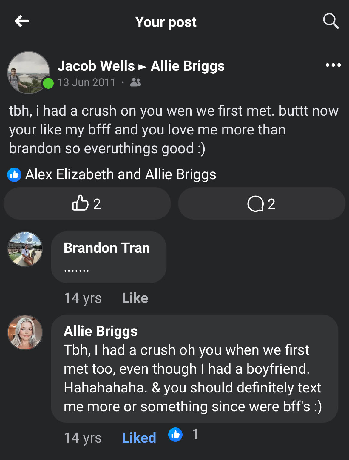 A 2011 message exchange between Jacob and Allie about their early crushes